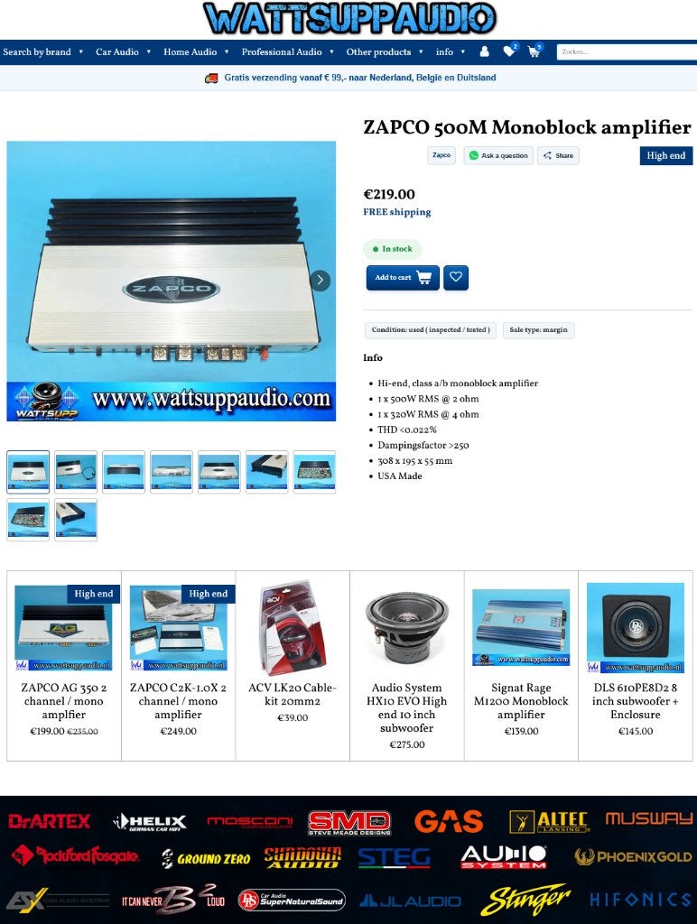 ZAPCO 500M Monoblok versterker hi-end, Gebruikt, ., ZAPCO USA, Ophalen of Verzenden
