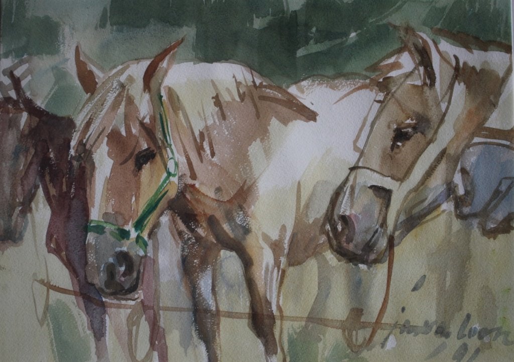 Jan van Loon, paarden op de Zuidlaardermarkt 1991, Aquarel., Antiek en Kunst, Ophalen, Overige onderwerpen, Papier, Klassiek