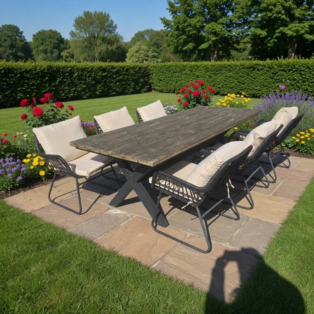 Tuinset tafel 240x100 cm + 6 rotan tuinstoelen, Tuin en Terras, Ophalen, Gebruikt, X, Hout