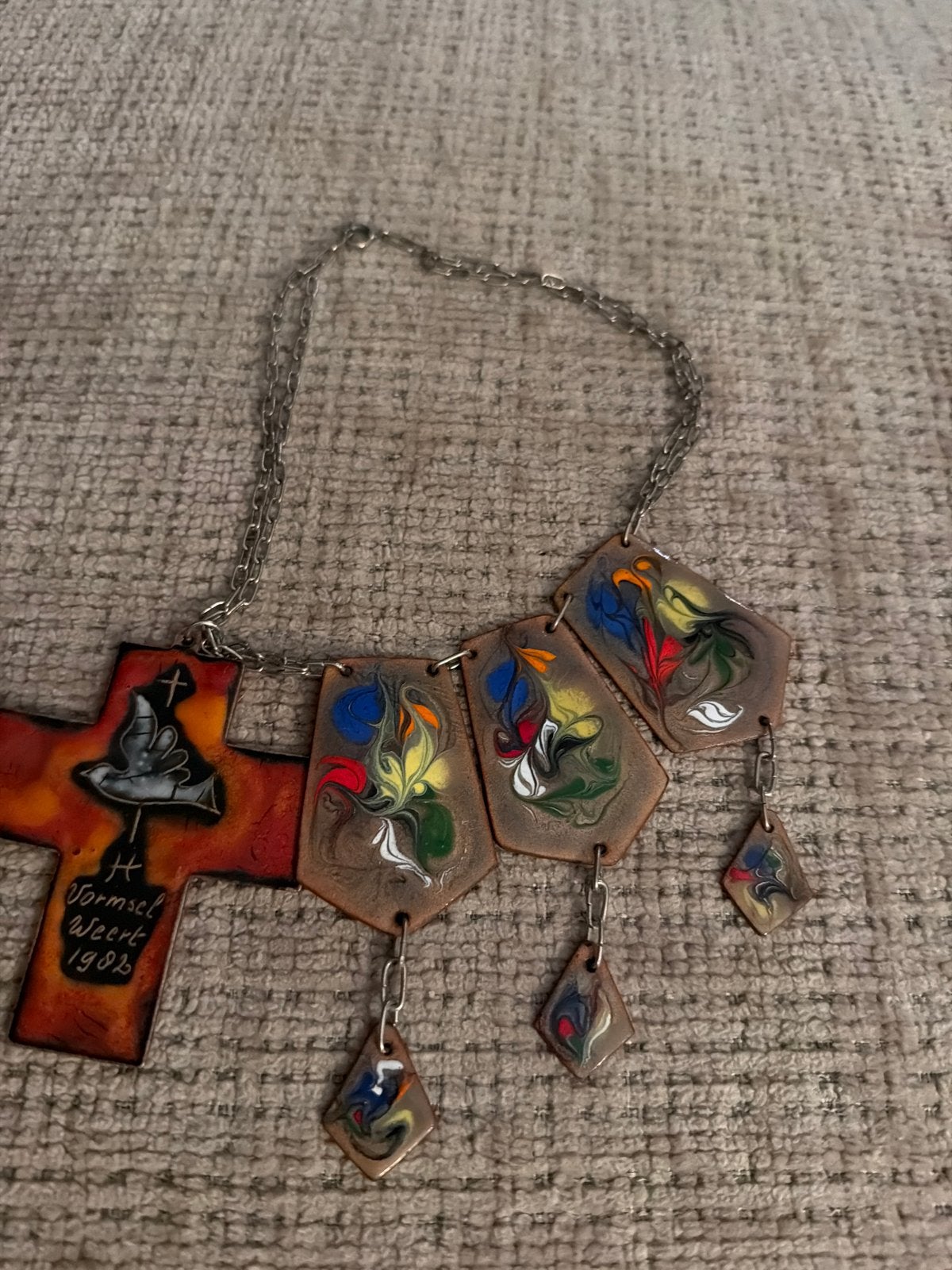 Unieke Vintage Koperen Ketting met Kruis en Emaille Hangers, Ophalen of Verzenden, Koper, Ketting