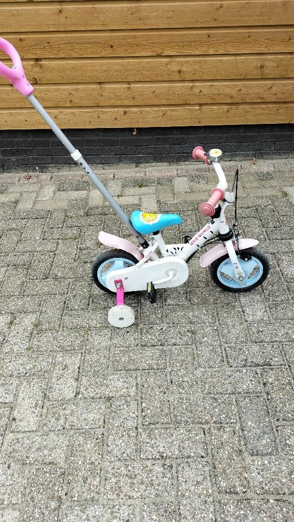 Kinderfietsje - Trap en duw Fietsje  12 inch met stang  ., Ophalen, Gebruikt, Minder dan 16 inch, Zijwieltjes