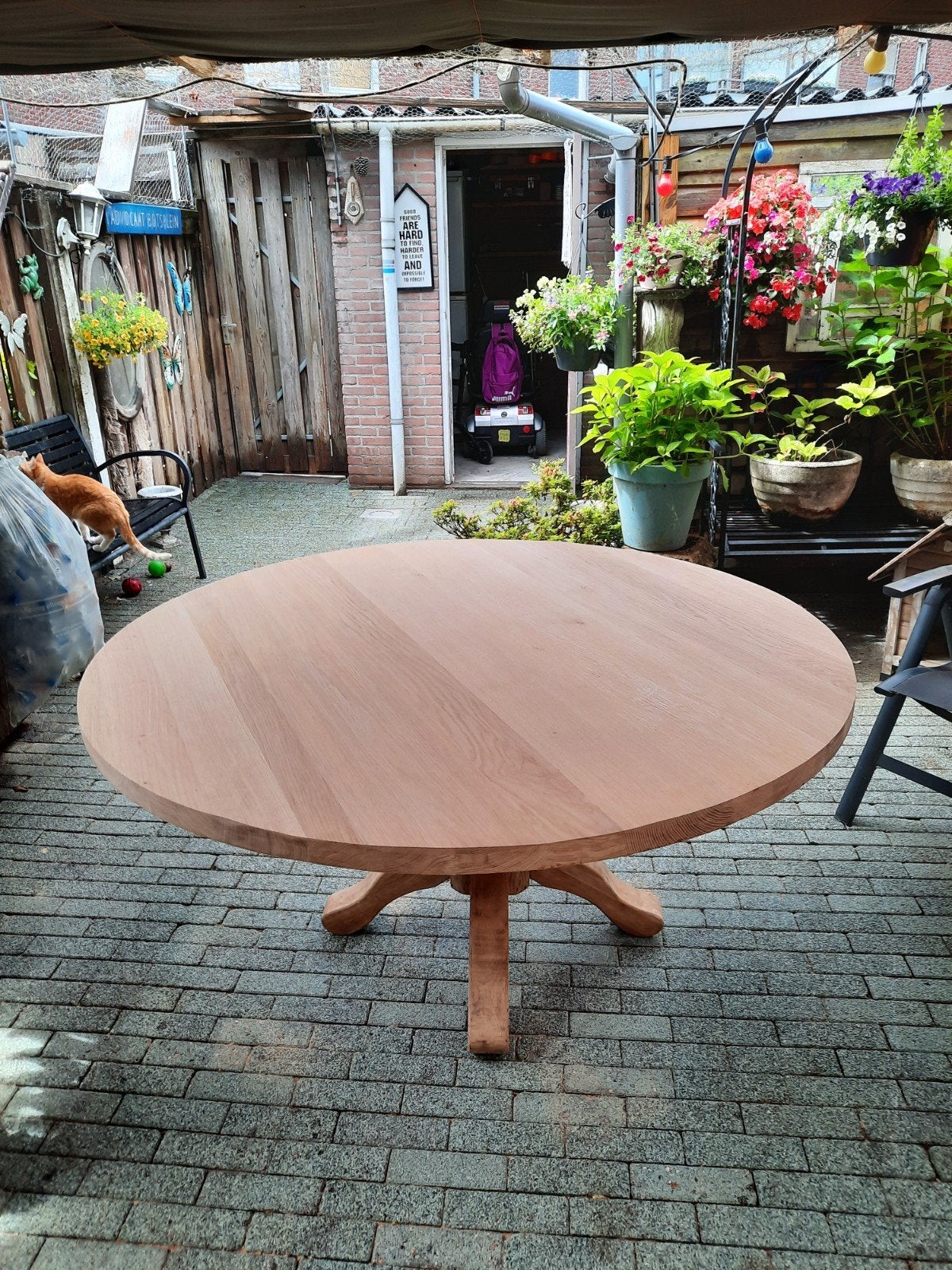 Eiken ronde tafel 4cm dik hoogte 72cm doorsnede 145cm, Rond, Ophalen of Verzenden, Zo goed als nieuw, 100 tot 150 cm