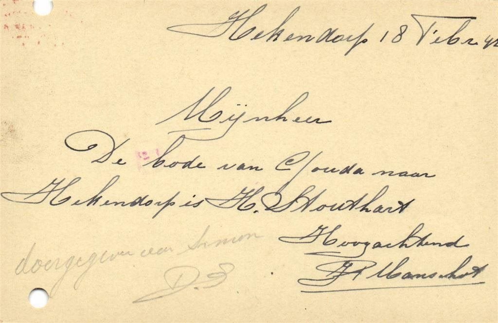 J.P. Manschot, Hekendorp - 02.1942 - briefkaart, Ophalen of Verzenden, Briefkaart