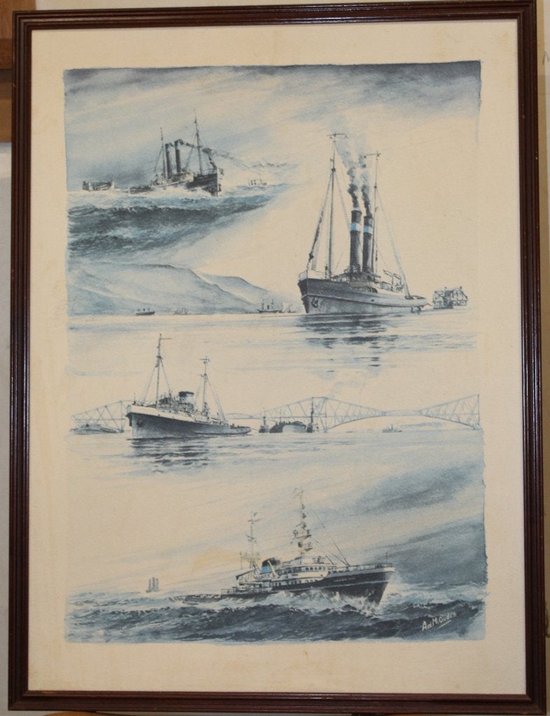No 41 Maritiem schilderij van schepen en bruggen, Aquarel, Overig onderwerp, Verzenden, Papier/karton
