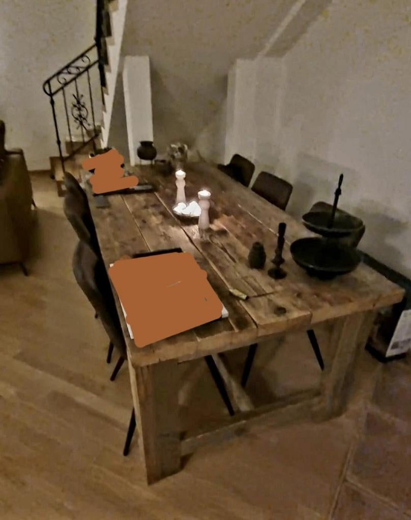 Massief houten tafel, robuuste uitstraling, Huis en Inrichting, Tafels | Sidetables, Ophalen, Gebruikt, 75 cm of meer, 200 cm of meer