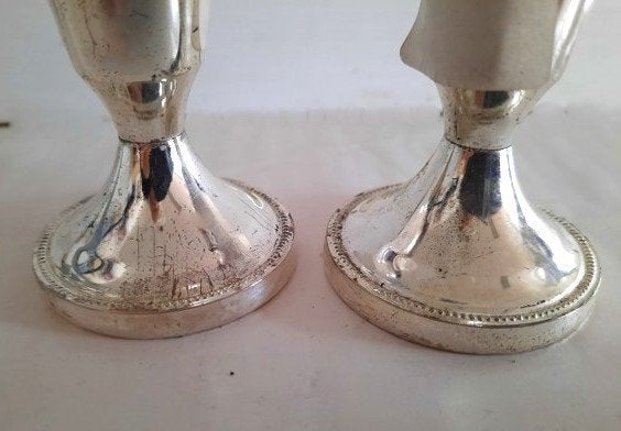 Paar vintage verzilverde Dwergkandelaars met Parelrand (854), Ophalen of Verzenden, Zo goed als nieuw, Metaal, Kandelaar