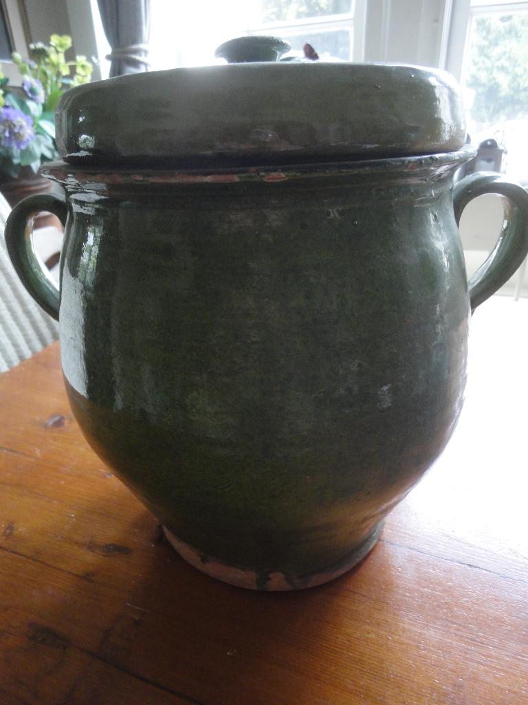 antieke FRANSE POT met DEKSEL, GROENE GLAZUUR, bijzonder, Ophalen