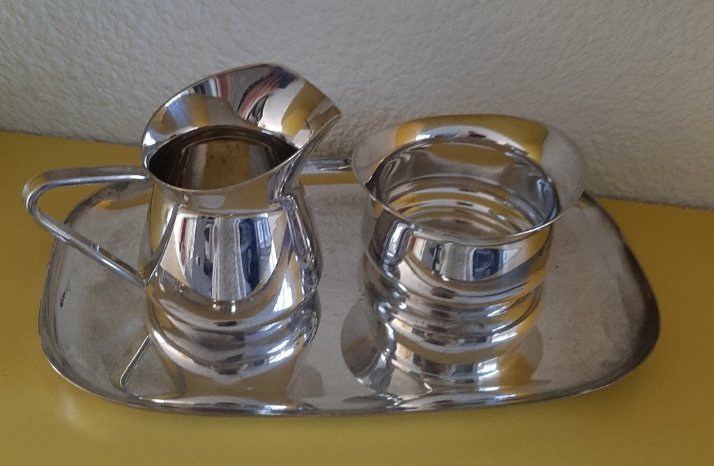 verzilverd roomstel / suikerpot en melkkannetje op blad, Ophalen, Overige materialen, Gebruikt, Overige typen