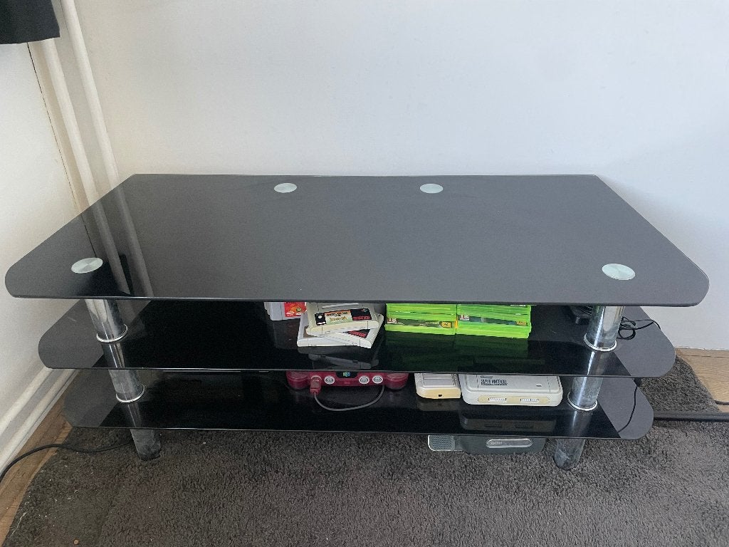 Tv meubel zwart glas, Ophalen, Gebruikt, 100 tot 150 cm, Glas