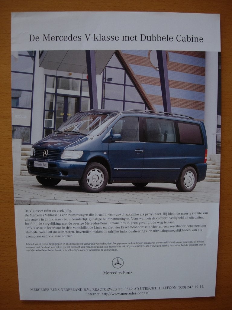 Mercedes V-klasse Dubbelcabine Folder 1999 – V200 V220 V230, Zo goed als nieuw, Mercedes-Benz, Mercedes, Ophalen of Verzenden