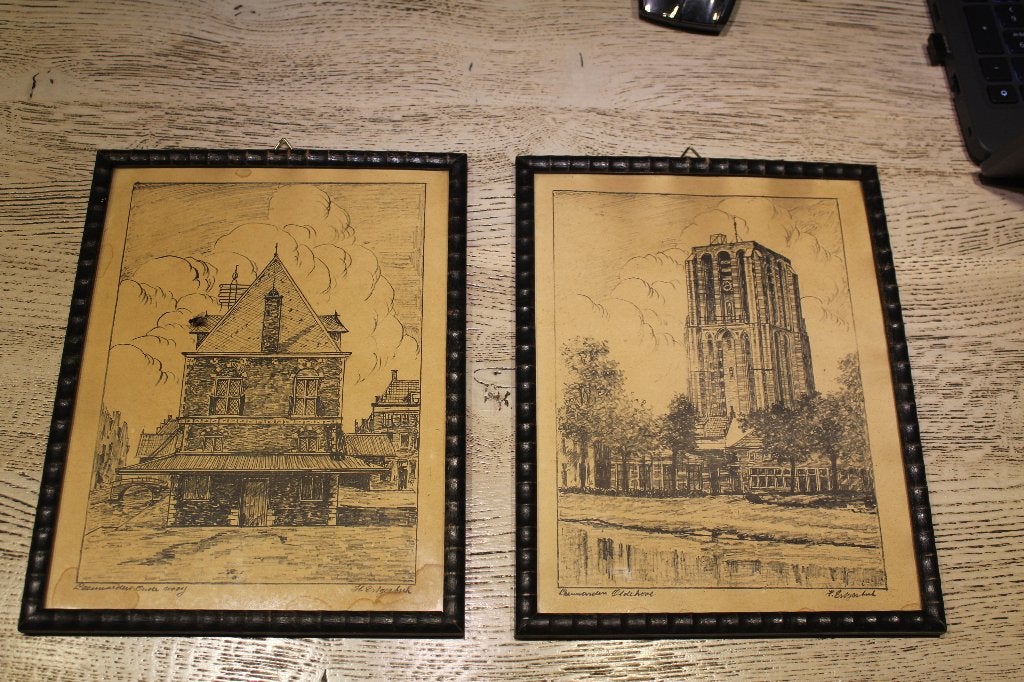 Oude etsen Oude Waag en de Oldenhove Leeuwarden, Antiek en Kunst, Kunst | Etsen en Gravures, Ets, Stadsgezicht, 19 cm, Ophalen of Verzenden