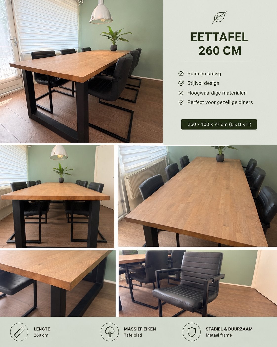 Luxe industriële eettafel 260cm | Massief eiken | 6-8 pers, Ophalen