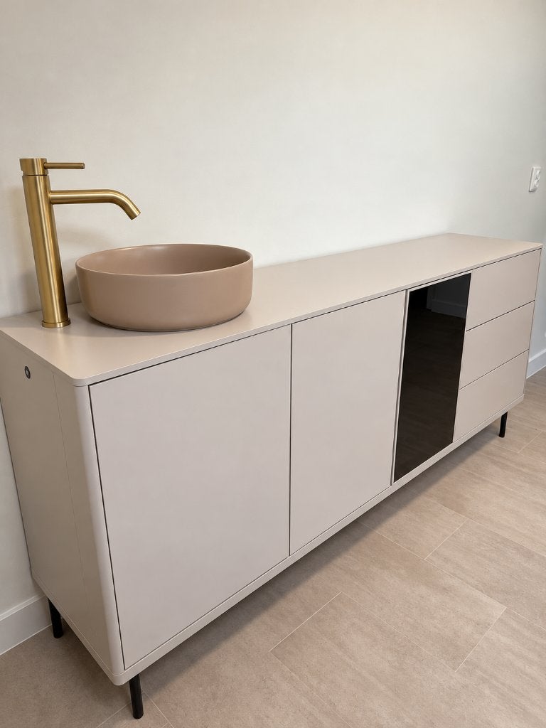 Moderne beige dressoir met wastafel, gouden kraan en Led, Ophalen, Minder dan 50 cm, 25 tot 50 cm, Nieuw