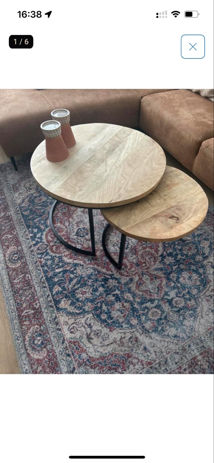 Set van 2 ronde salontafels van mangohout en metaal, Ophalen, 50 – 75, Gebruikt, Rond