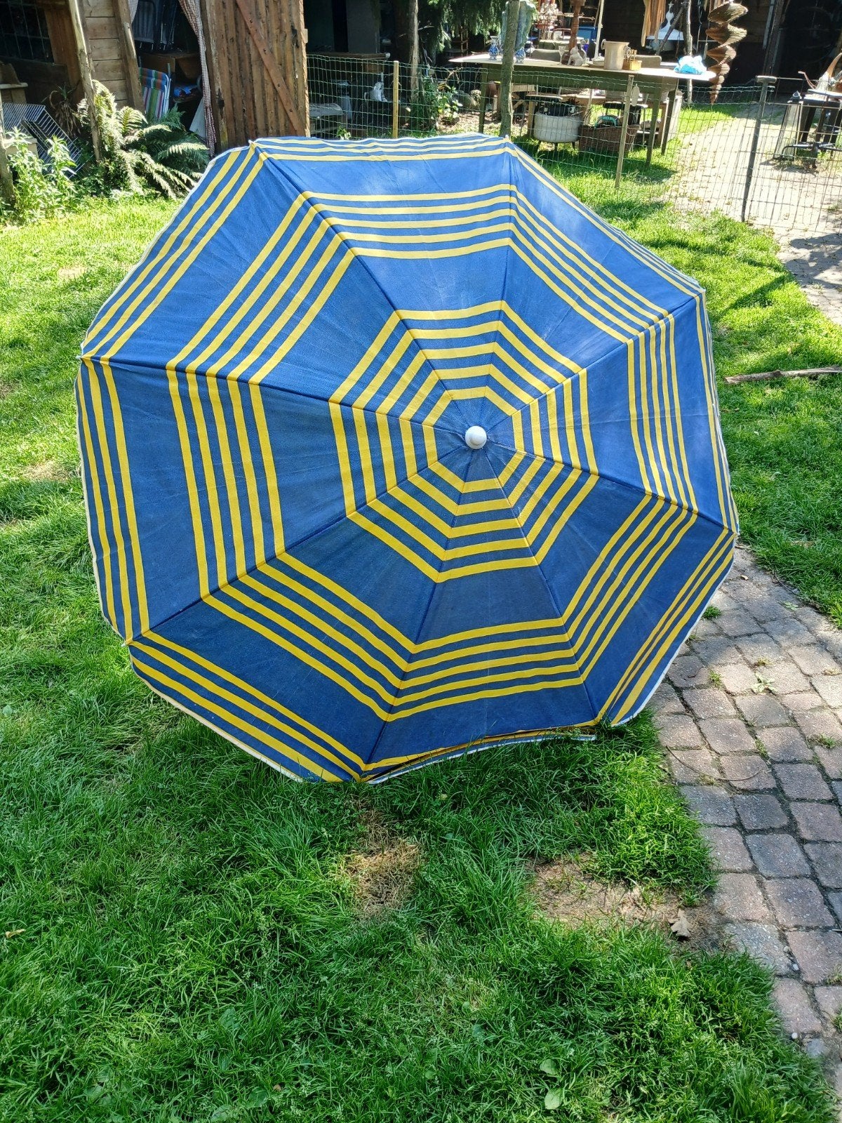 Gestreepte strandparasol blauw/geel, Ophalen of Verzenden, Gebruikt, 1 tot 2 meter