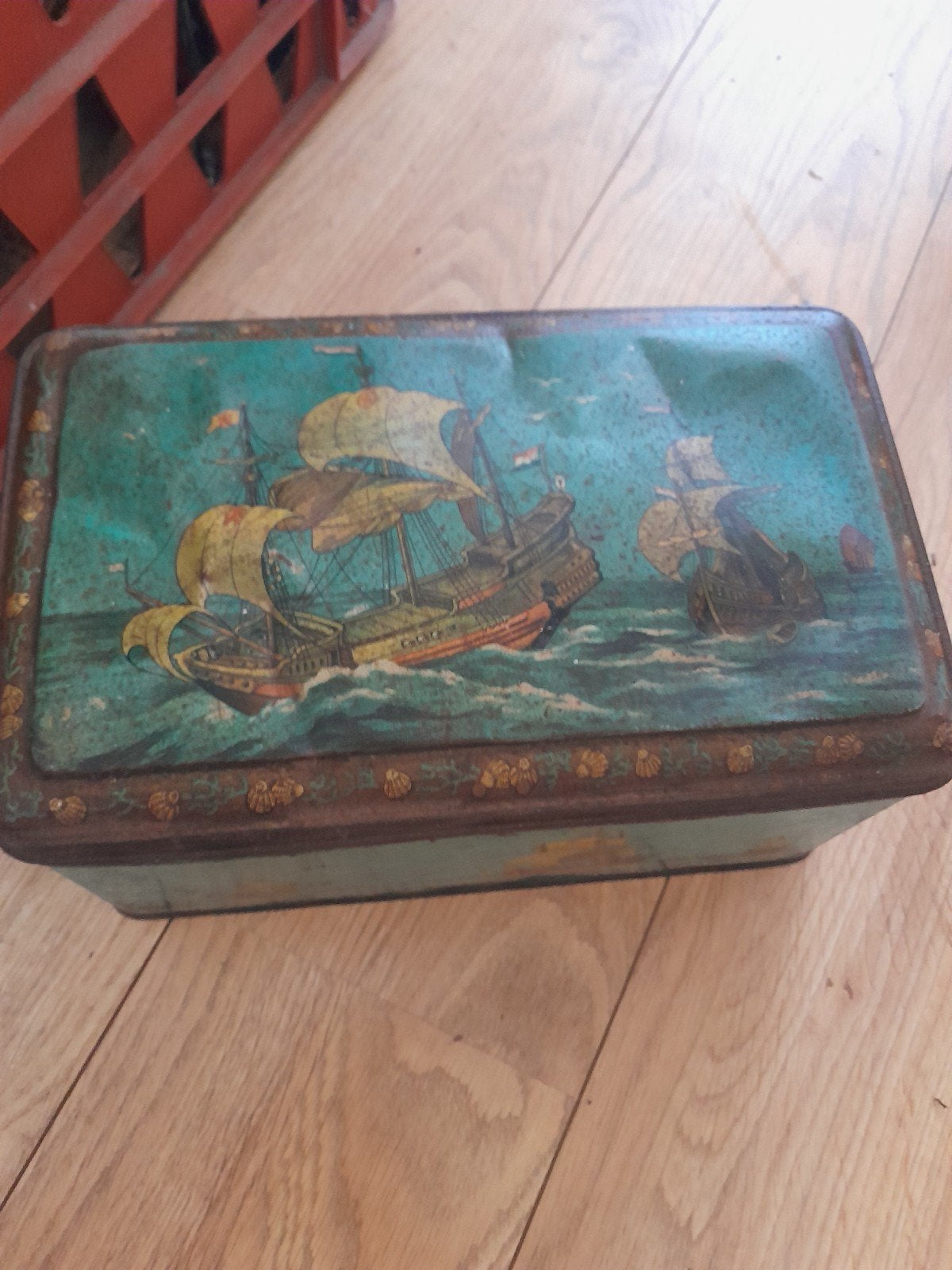 Vintage blikken trommel met schepen, sleutel ontbreekt, Ophalen of Verzenden