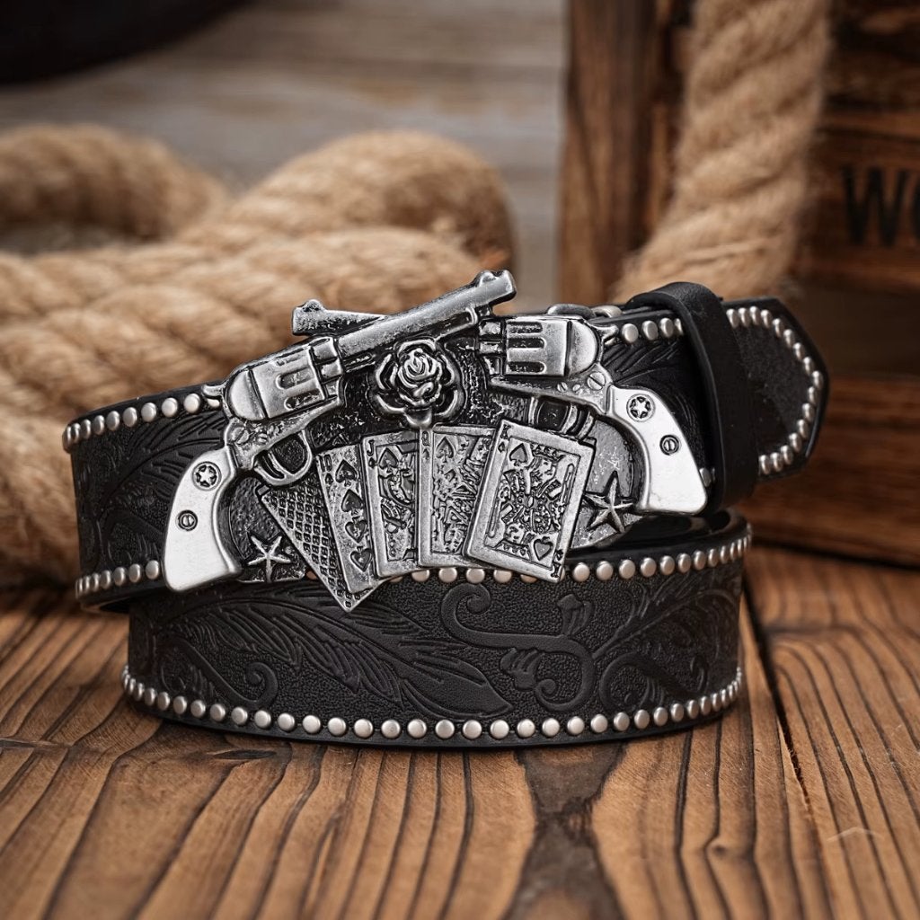 Zwarte kunstleren western riem pistolen en kaarten, Verzenden, Zwart, Nieuw, 115 cm of meer