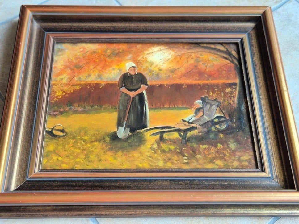 Olieverfschilderij: Vrouw met kind in herfstlandschap, Paneel, Ophalen of Verzenden, Landschap, Olieverf