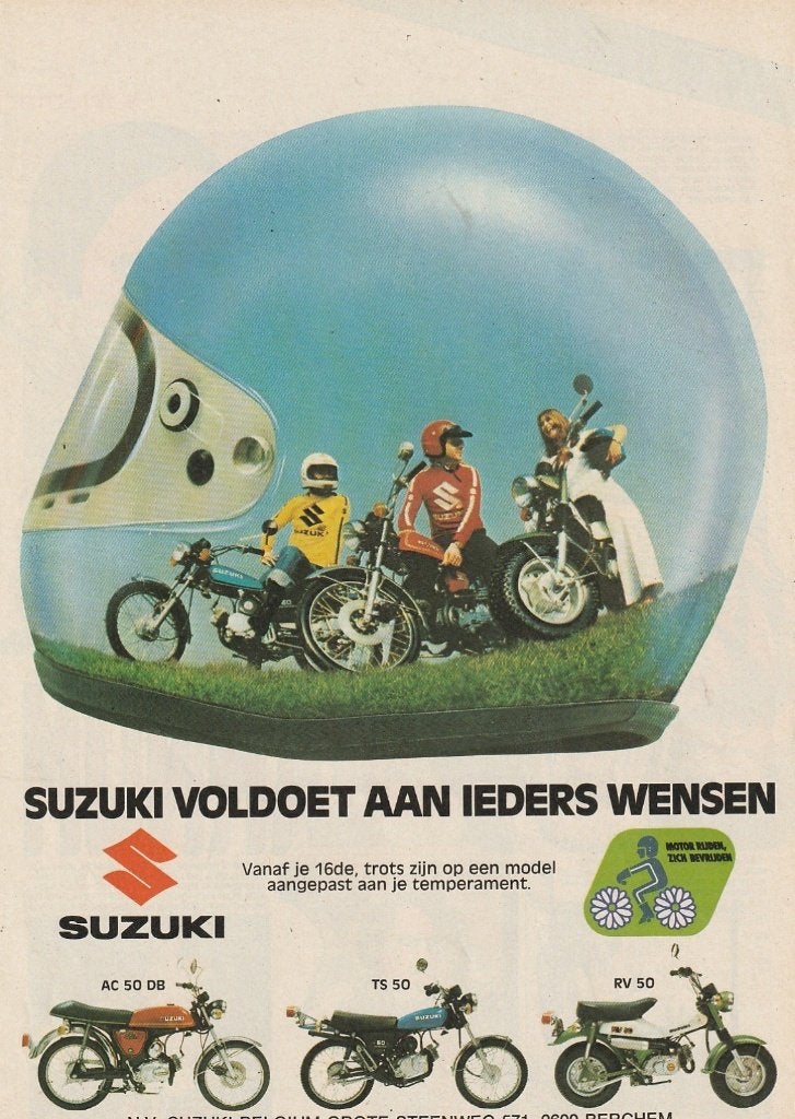 Retro reclame 1978 Suzuki brommer AC50DB TS50 en RV50, Verzenden, Overige typen