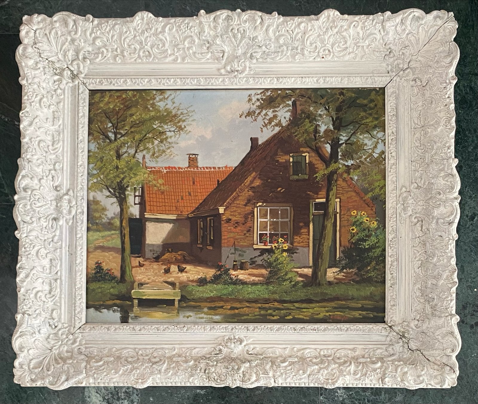 Schilderij boerderij aan het water met kippen, 60x70 cm, Ophalen, Doek, Realistisch, Landschap