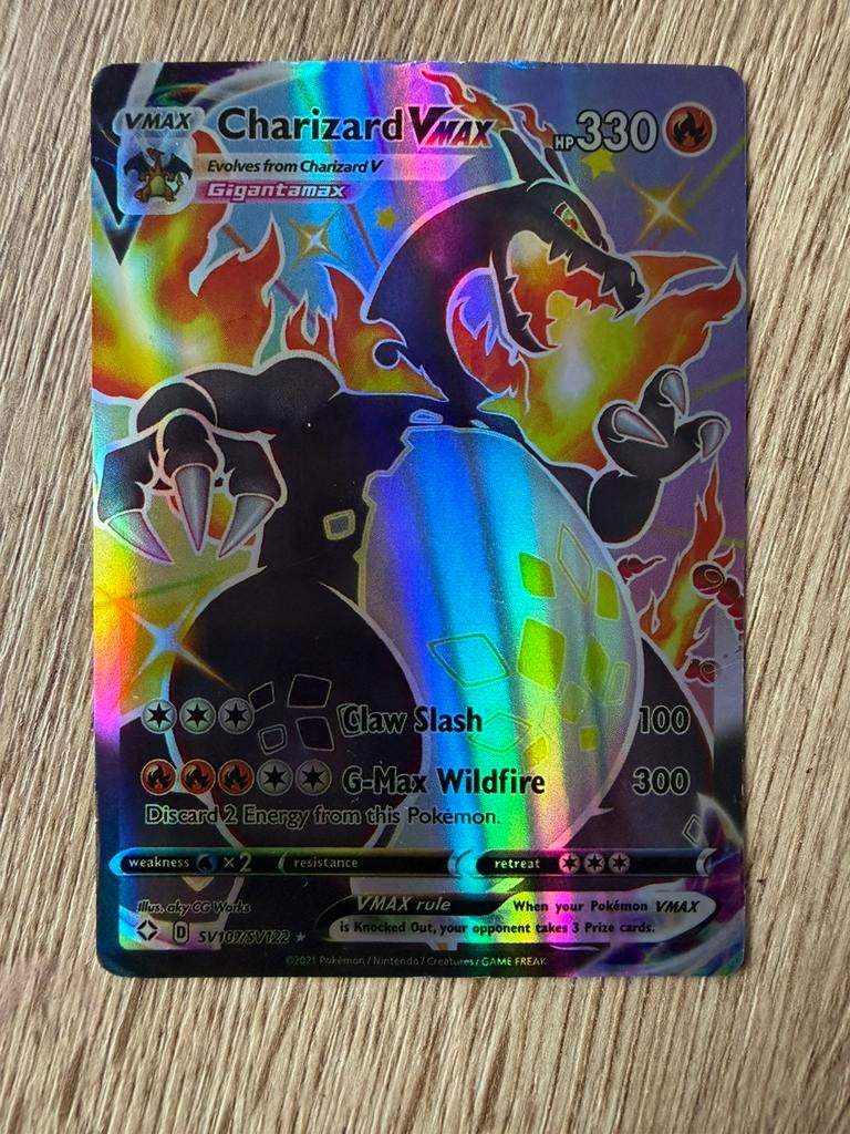 Charizard VMAX Pokémon Kaart SV107/SV122 Glanzend, Ophalen, Gebruikt, Losse kaart, Foil