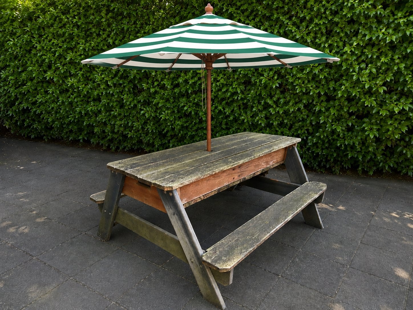Houten picknickbank voor kinderen met parasol, Gebruikt, Rechthoekig, Hout, Ophalen