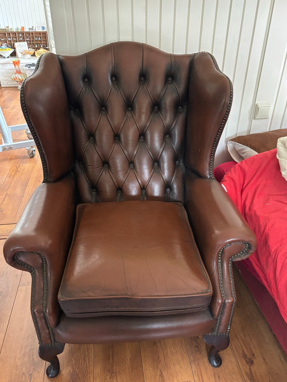 Vintage Leren Chesterfield Fauteuil - Bruin, Huis en Inrichting, Ophalen, Gebruikt, Leer, 75 tot 100 cm