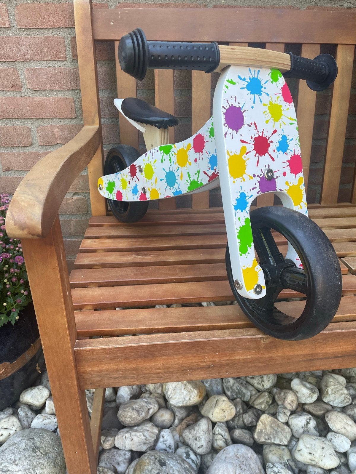 Houten loopfiets met vrolijke spetters - Zo goed als nieuw, Ophalen, Zo goed als nieuw, Minder dan 16 inch