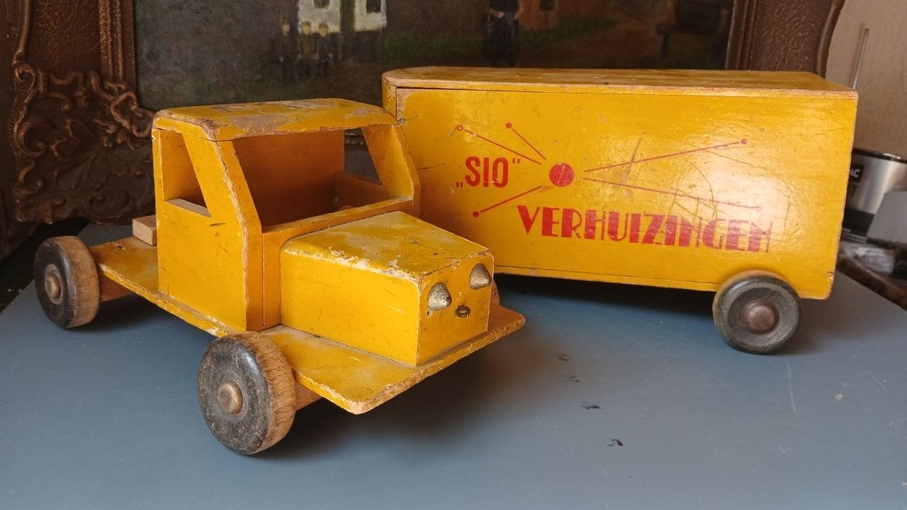 Vintage houten speelgoed verhuiswagen SIO origineel, Ophalen of Verzenden, Gebruikt, Duw- of Trekspeelgoed
