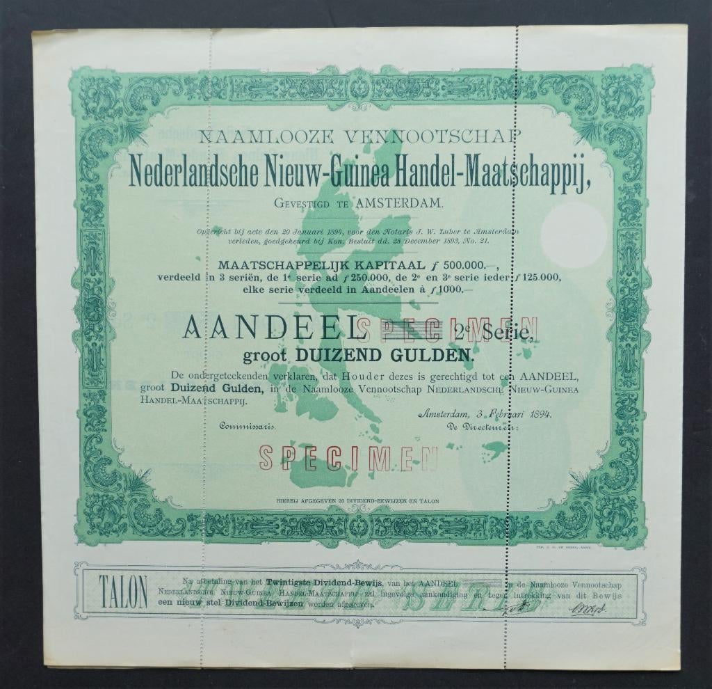 Nederlandsche Nieuw-Guinea Handel Mij. (Ned.Indie) 1894, Postzegels en Munten, Verzenden, Voor 1920, Aandeel