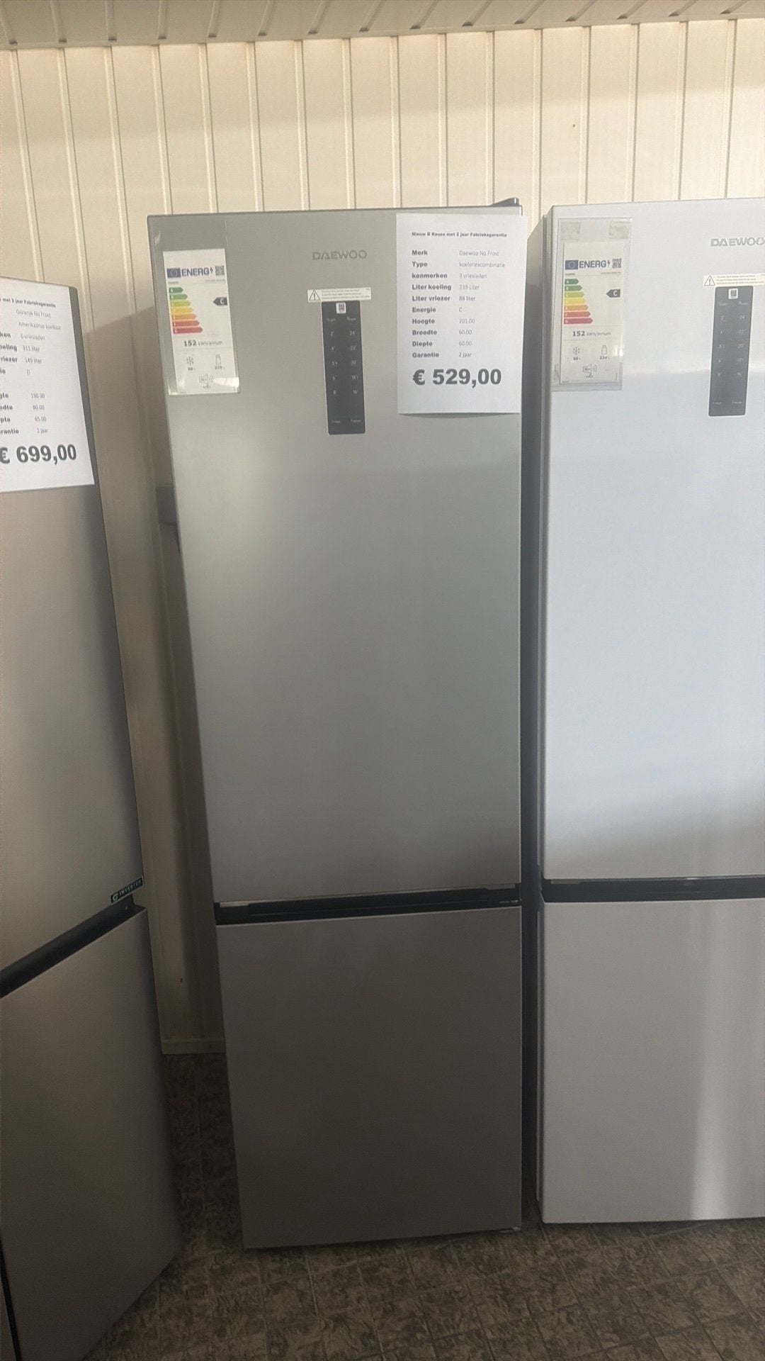 Koelvriescombinatie nieuw no frost zilver 2 meter hoog, Ophalen, 200 liter of meer, Met aparte vriezer, Nieuw