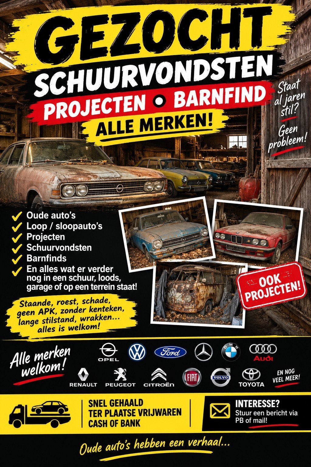 🚗 GEZOCHT: SCHUURVONDSTEN • BARNFINDS • PROJECTEN 🚗, Auto's, 4 cilinders, Bruin, Handgeschakeld, 50 pk