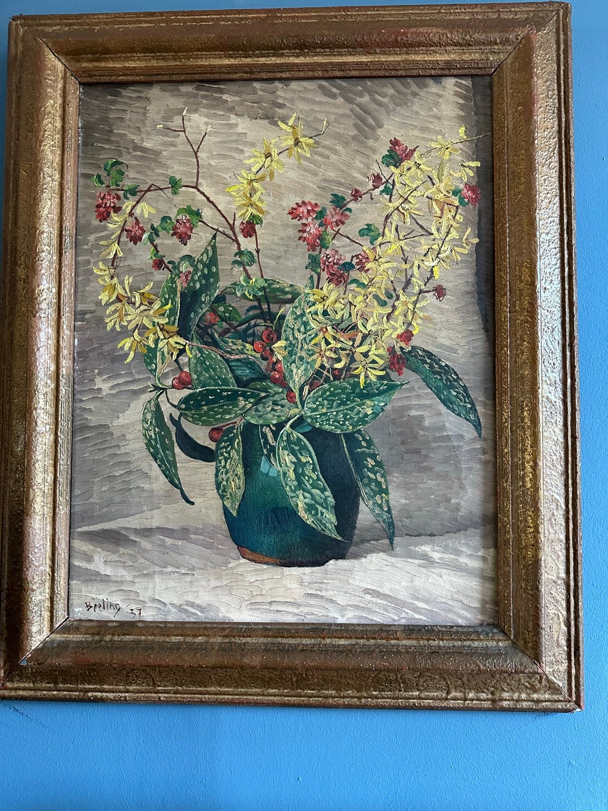 Bloemenstilleven in vaas - Gesigneerd  Hernan Bieling '37, Bloemen, Gedateerd, Doek, Realistisch