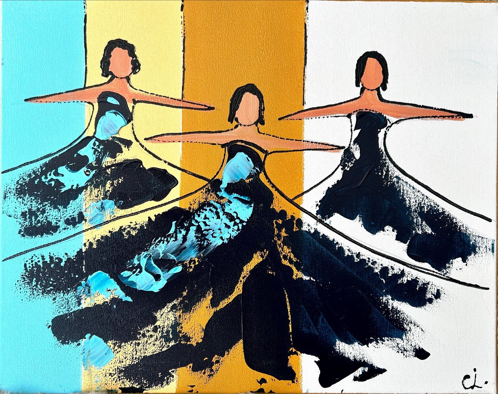 Dancing Ladies Kleur - C.M. Leushuis (40x50 cm) met Certific, Acrylverf, Doek, Portret of Personen, Expressionistisch