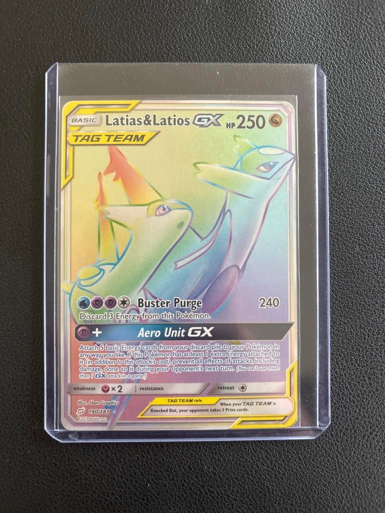 Latias & Latios GX Tag Team Rainbow Rare Pokémon Kaart, Ophalen of Verzenden, Zo goed als nieuw, Losse kaart, Foil