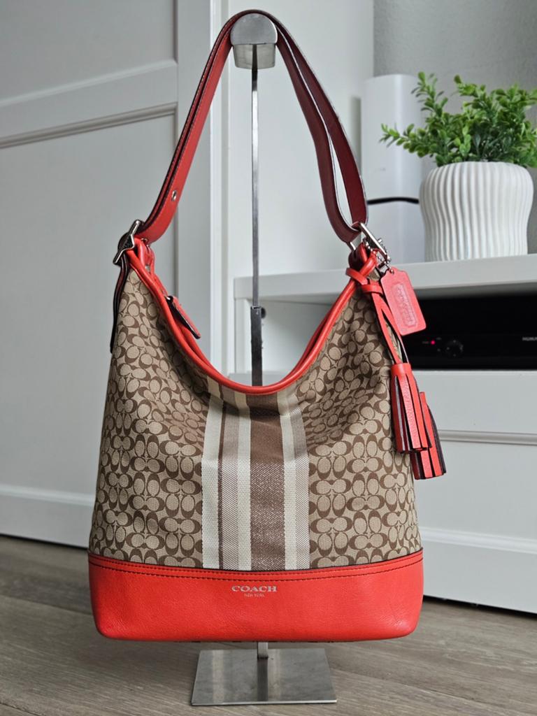 Coach Legacy Signature Stripe Monogram Leer ZGAN, Sieraden, Tassen en Uiterlijk, Tassen | Damestassen, Beige, Ophalen of Verzenden