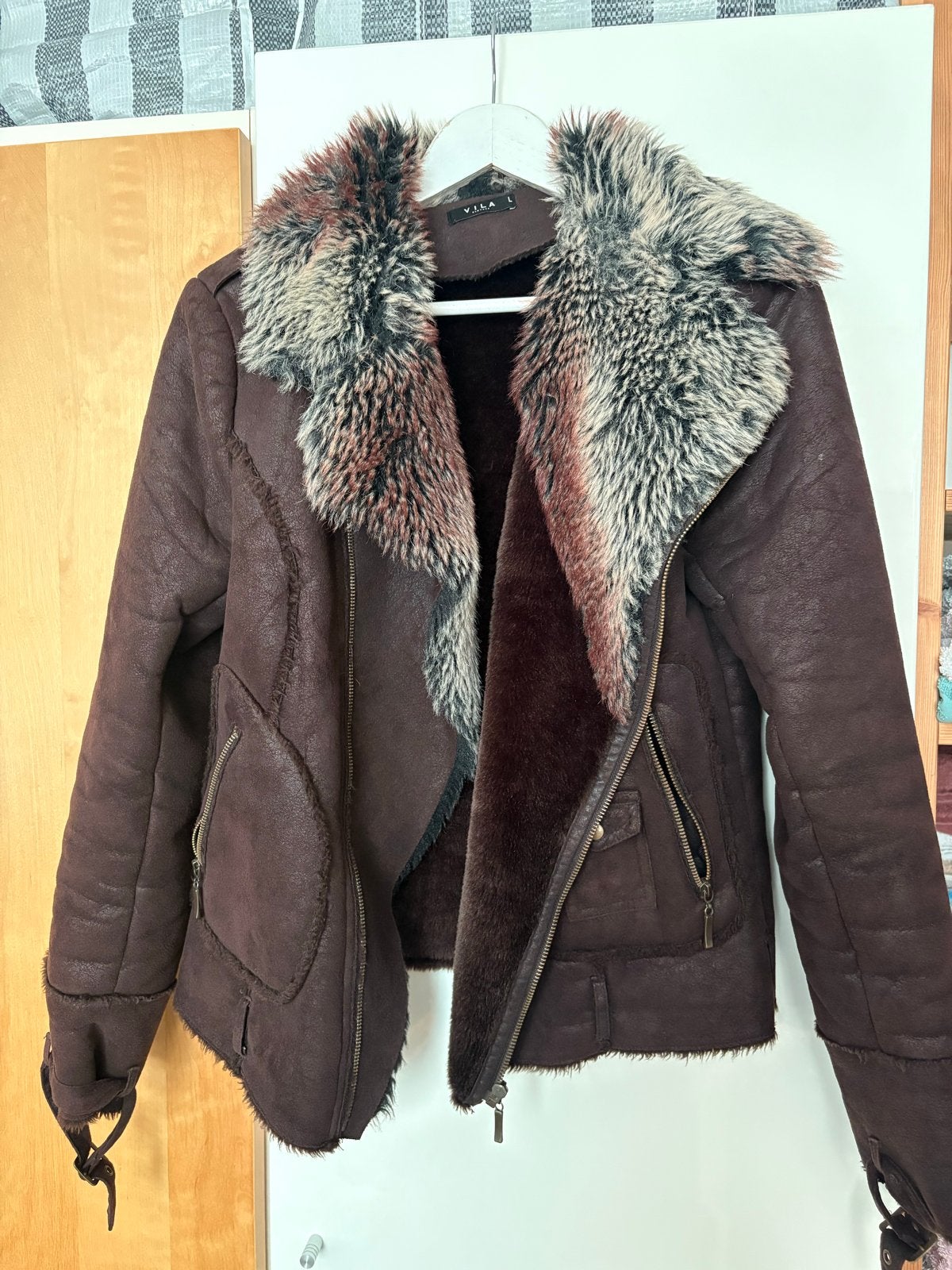 VILA Deason Jacket - Bruine Bikerjas met Bontkraag, Ophalen of Verzenden, Zo goed als nieuw, Maat 42/44 (L), Bruin