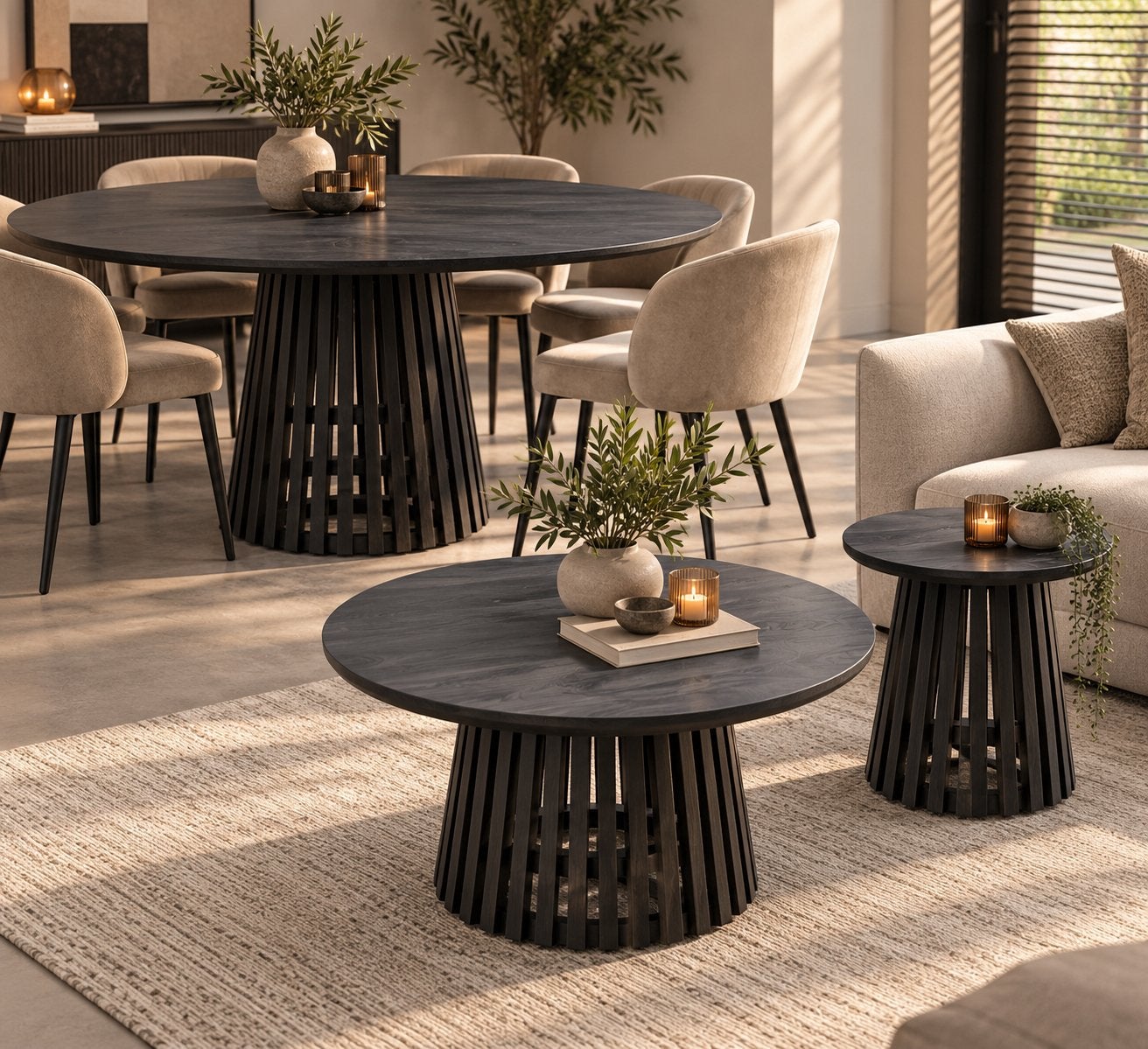 Set van 3 zwarte tafels: Eet-, Salontafel & Bijzettafel