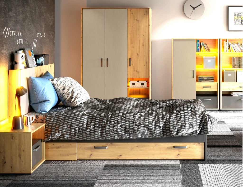 Qubic 1-persoonsbed met opberglade - Artisan eiken/grijs, Niet ingevuld, Niet ingevuld, Niet ingevuld