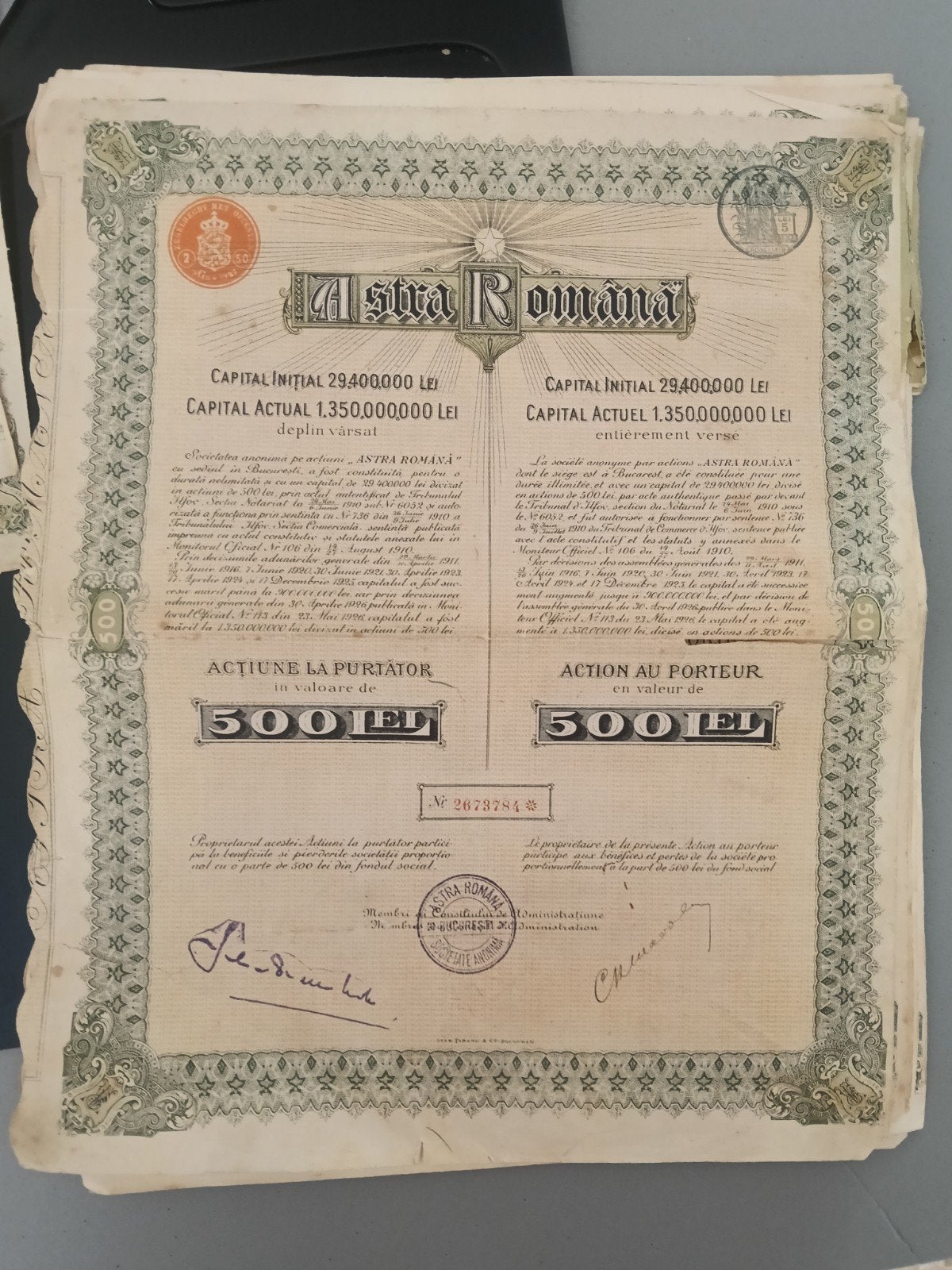 Historisch aandeel Astra Română 500 lei (1920-1930), Ophalen of Verzenden, 1920 tot 1950, Aandeel