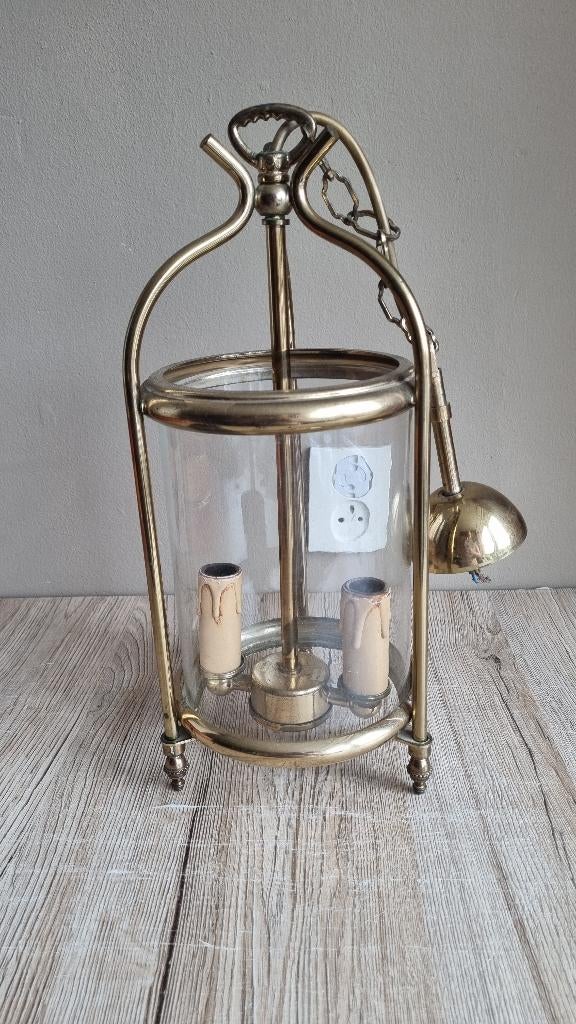 Prachtige Vintage Franse Hanglamp Lantaarn Messing - Glas, Antiek en Kunst, Verzenden