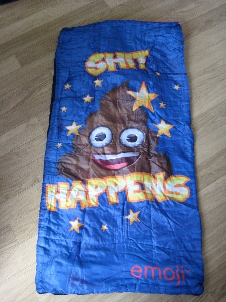 Slaapzak Emoji Shit Happens 1 persoon met rugtas, Ophalen of Verzenden, Gebruikt