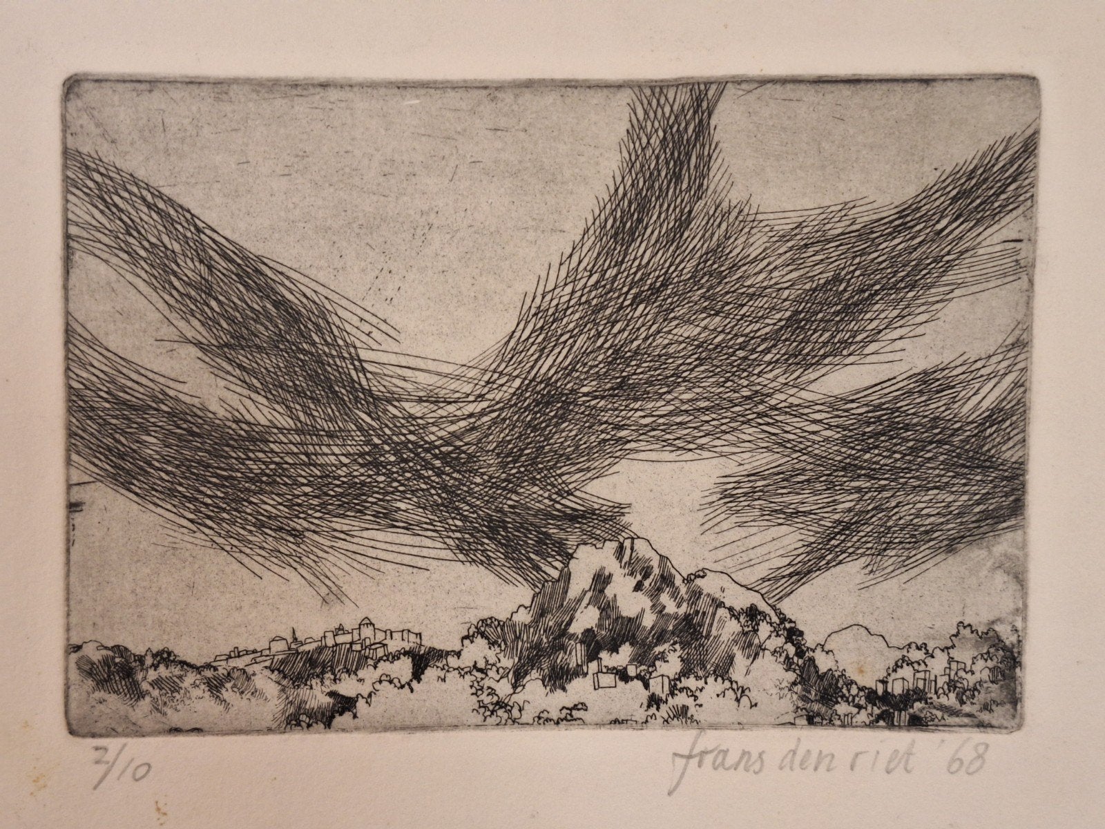 Ets 'Storm' door Frans den Riet (1968), Ophalen of Verzenden, Genummerd, Landschap, 1950 - 1999