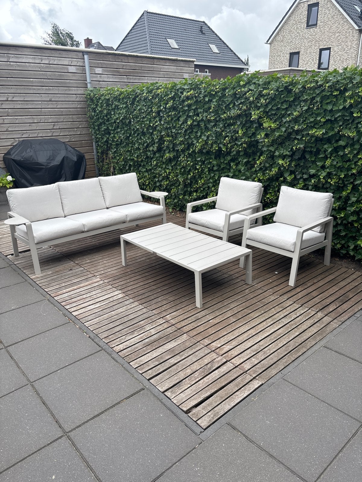 Nieuw! loungeset met 3-zitsbank en 2 fauteuils, Ophalen, 5 zitplaatsen, Gebruikt, Aluminium