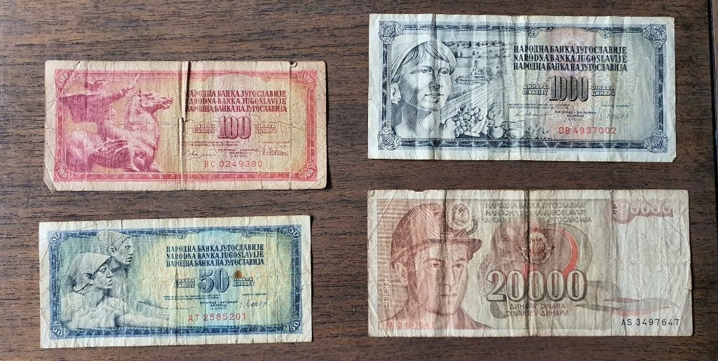 Vier biljetten Joegoslavië – 50, 100, 1000 + 20000 Dinar, Postzegels en Munten, Bankbiljetten | Europa | Niet-Eurobiljetten, Ophalen of Verzenden
