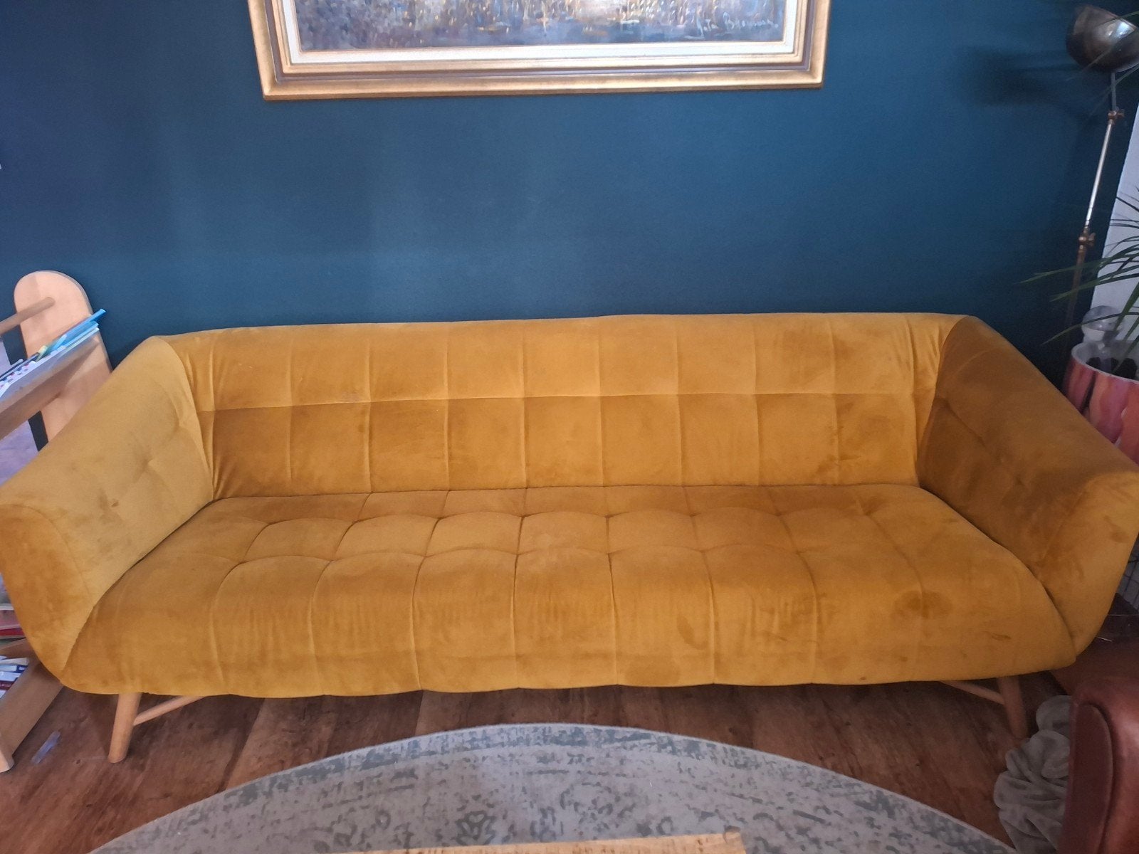 Oker gele bank, Huis en Inrichting, Ophalen, Driepersoons, Stof