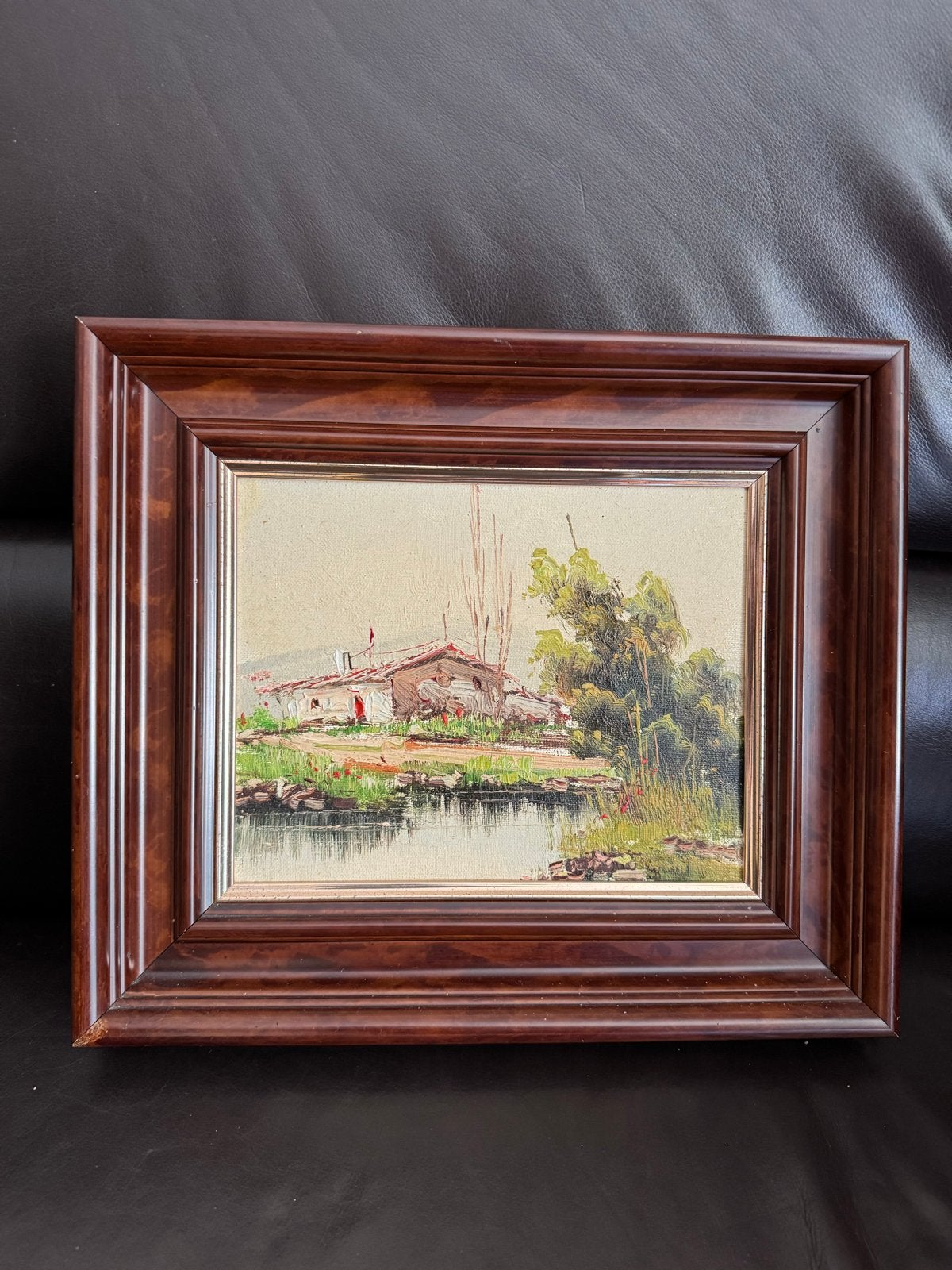 Schilderij: Huisje aan het water, ingelijst, Ophalen, Doek, Realistisch, Olieverf