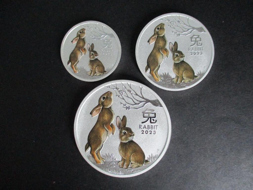 2023 Australia Lunar Rabbit 50c, $1, $2 Silver colored Gold, Postzegels en Munten, Munten | Oceanië, Ophalen of Verzenden, Setje