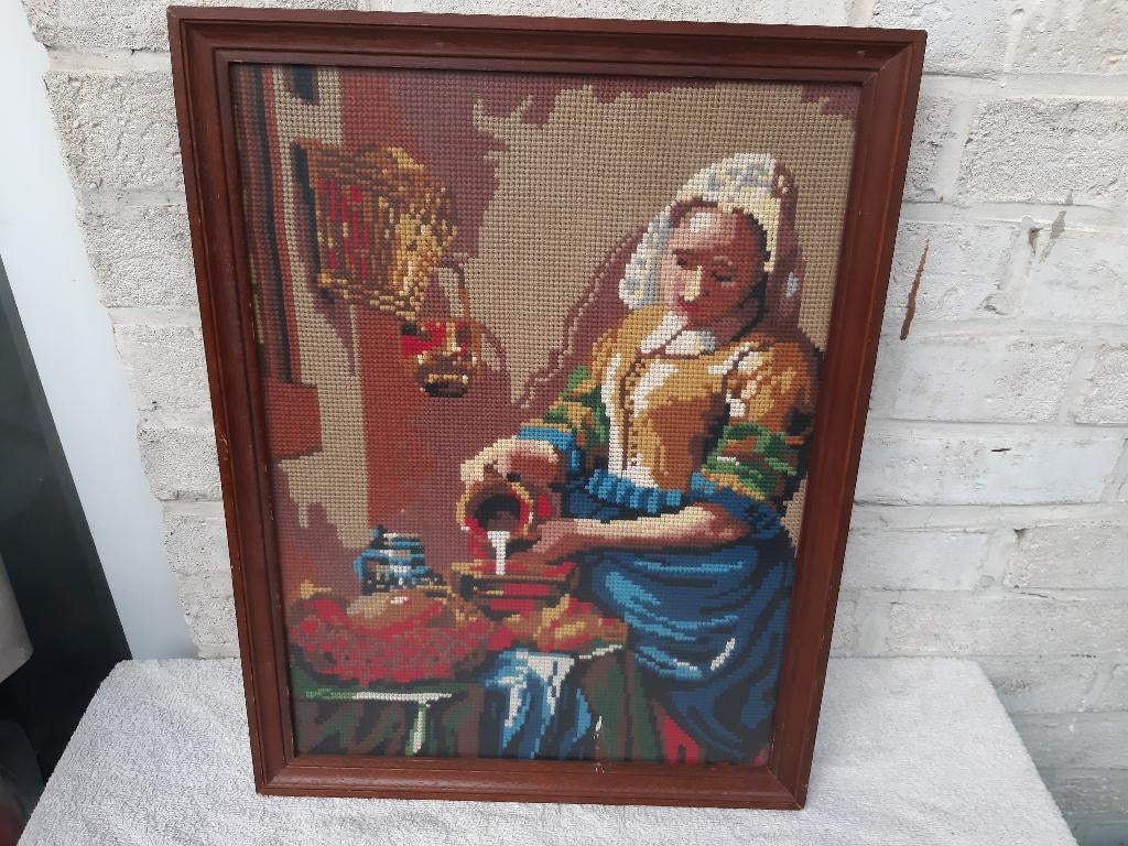 Melkmeisje van Vermeer, geborduurd in een mooie lijst., Ophalen, Gebruikt, Handborduren, Overige typen