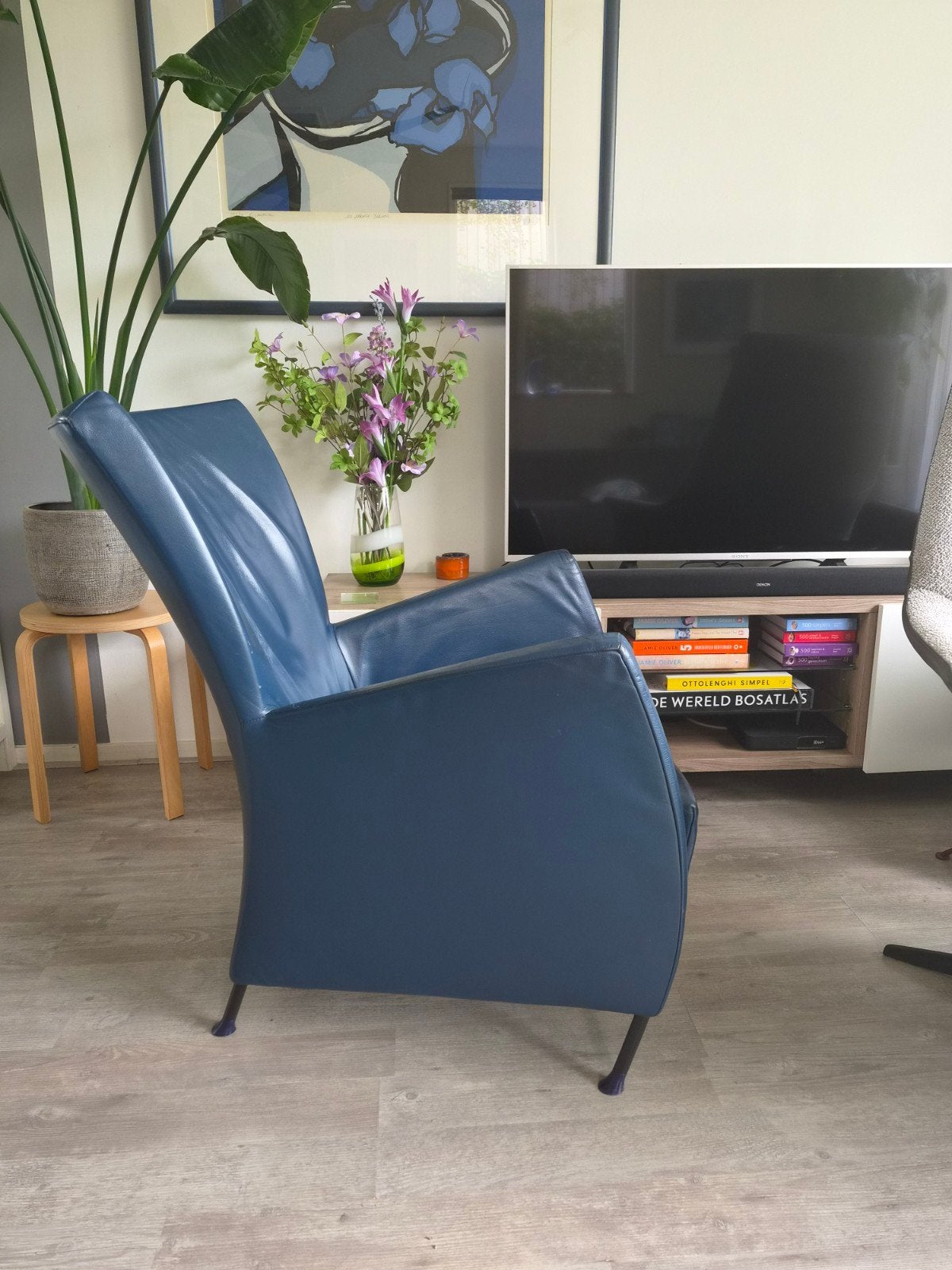 Montis Windy fauteuil - Blauw leer, Ophalen, Gebruikt, 75 tot 100 cm, Modern, Design